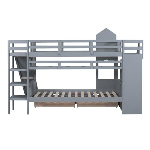 Twin-Over-Twin Bunk Beds Castle Style Bunk Bed with 2 Drawers 3 Shelves and Slide - Gray