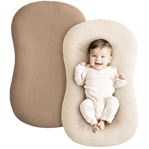 Image of Konssy Muslin Baby Lounger Cover 2 Pack, 100% Cotton Newborn Lounger Cover, Soft and Breathable Baby Nest Slipcover for Boys Girls (Brown,Wheat)