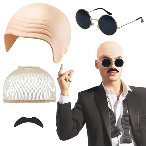 MEGETGOD Bald Cap Fancy Dress Wig Bald Skin Thick Latex Head Caps for Adult with Wig Cap, Sunglasses, Fake Beard for Halloween Costume Accessory, Theatrical Makeup, Famous Rapper Cosplay