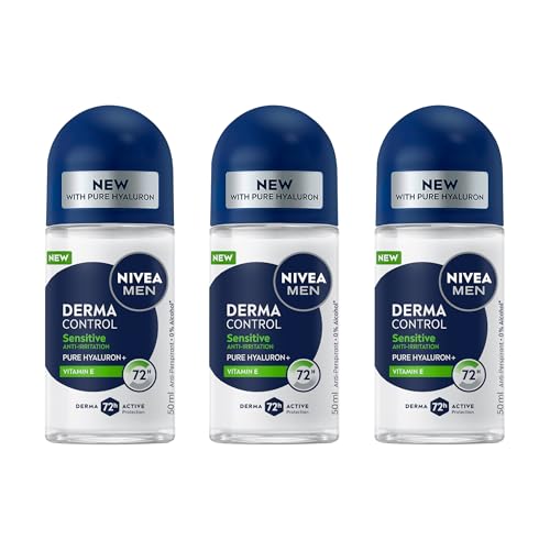 NIVEA MEN Derma Control Sensitive Roll-On Deodorant 50ml | With Pure Hyaluron & Vitamin E | 72-Hour Anti-Perspirant for Men | Skin Soothing Formula (Pack of 3)