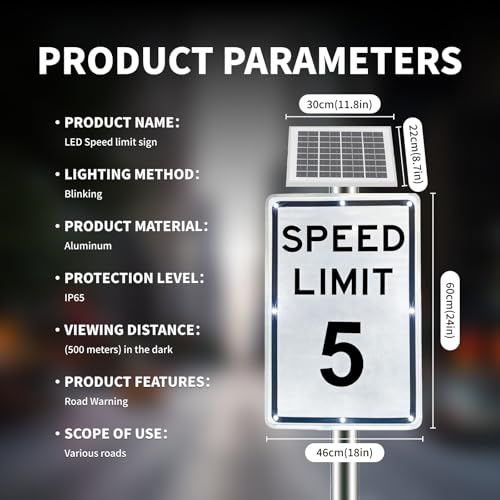 Señal solar LED intermitente de límite de velocidad, 5-95 MPH seleccionable, aluminio reflectante de 18 x 24 pulgadas, IP65 resistente a la intemperie, señal de tráfico de fácil montaje, vida útil LED