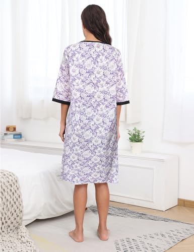 Image of Bloggerlove House Dress Women Cotton Snap Front Nightgown 3 /4 Sleeve Housecoat Duster Robe with Pockets Moomoo Patio Dress