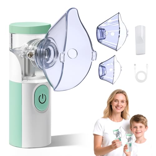 Nebulizador portátil silencioso recargable, atomización y absorción eficientes, accesorios con 2 máscaras y 1 boquilla, adecuados para adultos y niños, uso familiar y viajes (Verde)