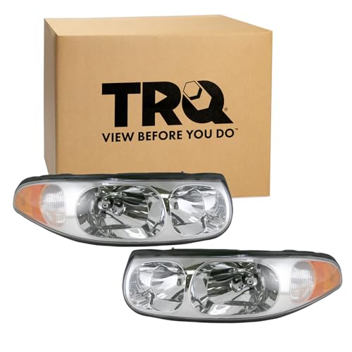 TRQ Driver and Passenger Side Headlight Assembly Set Compatible with 2000–2005 Buick LeSabre without Lined or Fluted Hi-Beam Lens