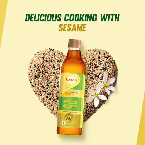 Image of Saffola Cold Pressed Sesame Oil | 100% Cold Pressed Sesame Seed Oil | Unrefined, 0 trans fat, Chemical free | Helps Lower Cholesterol, Goodness of Omega 6 & Authentic Seed Flavour | 1L Pet Bottle