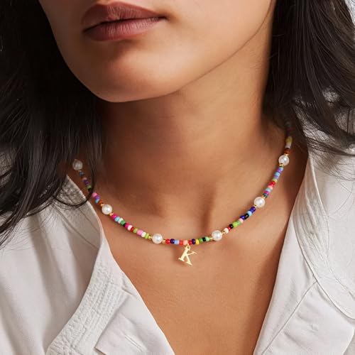 M MOOHAM Colorful Initial Necklaces for Girls - Beaded Pearl Choker Necklace for Women Teen Girl Colorful Summer Boho Necklace Jewelry, Trendy Personalized Letter Initial Gifts Birthday Gifts Kids2