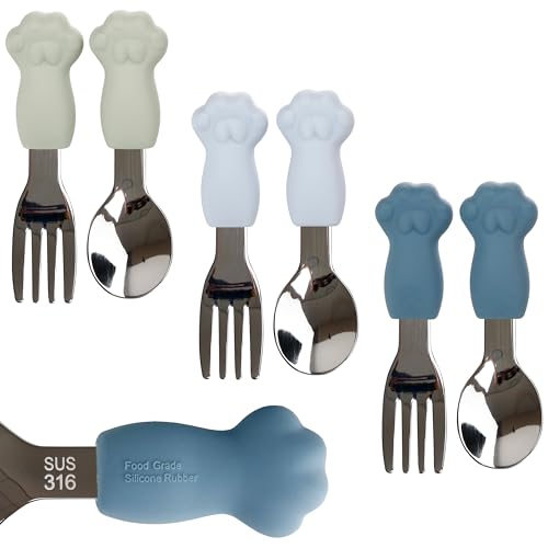 6 Pieces Toddler Utensils, Stainless Steel & Food Grade Silicone Fork & Knife Set, Cat Paw Flatware with Silicone Handle, Easy-Grip Handles Cutlery for Self Feeding, Dishwasher Safe, BPA Free (Blue)