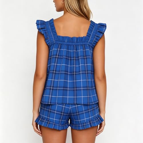 Image of SOOKABEILA Women 2 Piece Lounge Set Sleeveless Striped Cami Peplum Top Boxer Shorts Loose Ruffle Matching Pj Sets Outfits