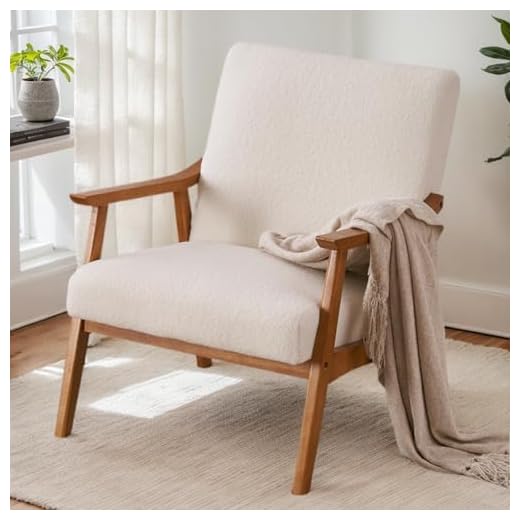 Karl home Mid-Century Accent Chair Modern Retro Leisure Chair with Solid Wood Frame Upholstered Teddy Fleece Fabric Single Sofa Armchair for Living Room, Bedroom, Balcont, Creamy-White