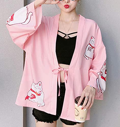 Image of LAI MENG FIVE CATS Women's Lucky Cat Cardigan Kimono Loose Cover up Casual Blouse Cute Tops
