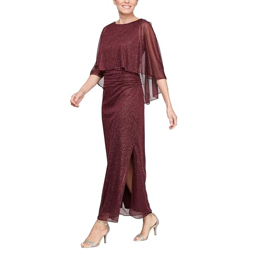 S.L. Fashions Women's Long Glitter Mesh Capelet Gown with Side Slit, Wedding Guest, Formal Dress (Petite and Regular Sizes), Fig
