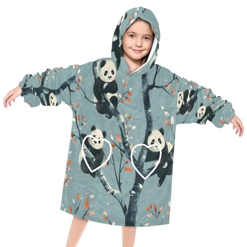 Wearable Blanket Hoodie for Kids, Playful Panda Fleece Sweatshirt Blanket Oversized Blanket Sweatshirt with Pocket Flannel Warm Hooded Blanket 6-10 Year Old Girl Boy Gift, One Size