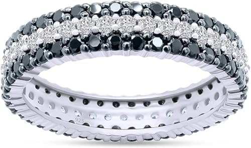 Purvika Jewels Wedding Ring, 2.50 Carat Round Cut Black and White Diamond Eternity, 14k White Gold Finish, Sterling Silver 925