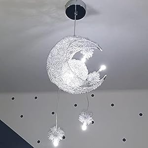 iDEGU Suspension Luminaire Lune Étoiles LED Lustre Plafonnier avec 5 Ampoules Éclairage de Décoration pour Chambre D’enfant (Lumière Blanche Froide)