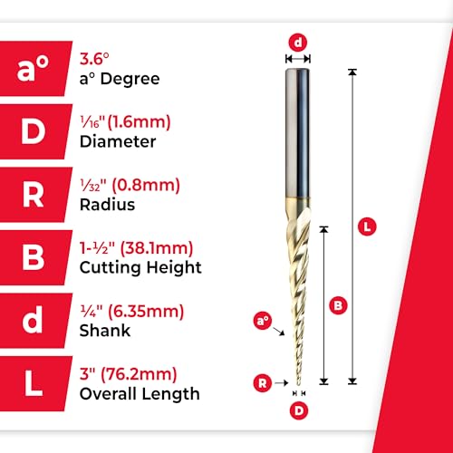 Image of Amana Tool Up Cut Spiral CNC Router Bits for 2D /3D Carving, ZrN Coated, 46281, 3.6 Deg Tapered Angle Ball Tip 1 /16 Dia x 1 /32 Radius x 1-1 /2 x 1 /4 Shank x 3 Inch Long x 3 Flute