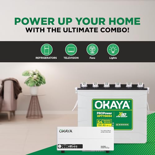Image of Okaya Inverter with Battery Combo for Home,Office & Shops | ATSW1700 12V True Sine Wave Inverter 1450VA with 36 Months Warranty & OPTT19054 160Ah XBD+ Certified TT Battery with 54 Months Warranty
