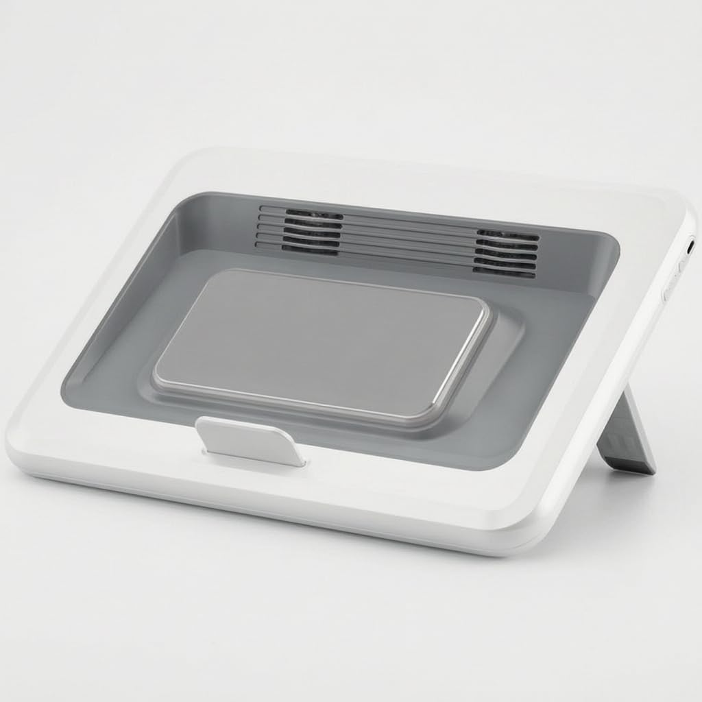 Base Refrigeradora Portátil Plegable y Soporte Ergonómico para y Escritorio – Elevador con Ventilador, Blanco Plateado, Plata