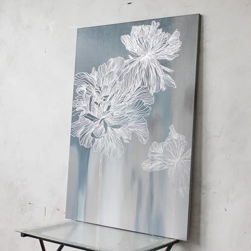 Tableau floral bleu argenté déco murale maison salon moderne 60x90