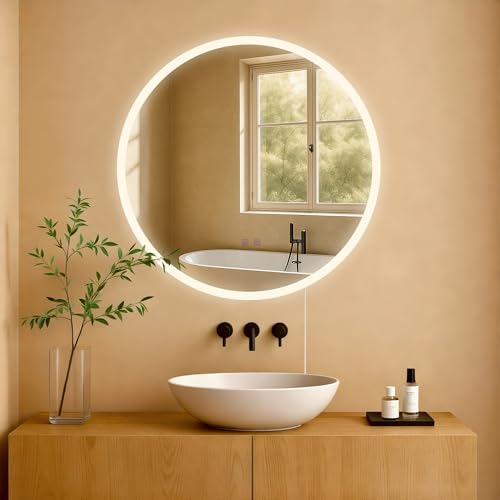 CLP Espejo de baño Laconia con iluminación, Espejo de baño antivaho, Espejo de Pared Redondo LED Regulable, 3 Modos de luz, Tamaño:Ø 70