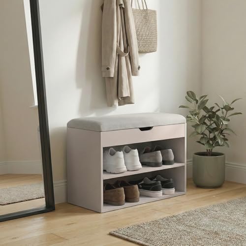 EDAXO BOXIMO Armoire à chaussures avec banc, 60 x 30 x 47 cm, housse en MDF et polyester, banc de couloir avec espace de rangement, rangement de chaussures pour entrée, beige