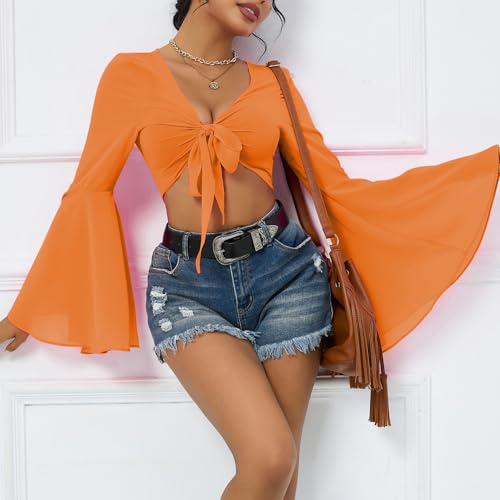 Mesh Tops for Women Bell Sleeve Rave Outfits Tie Front Crop Top Long Sleeve Shirt Sheer Blouse Festival4