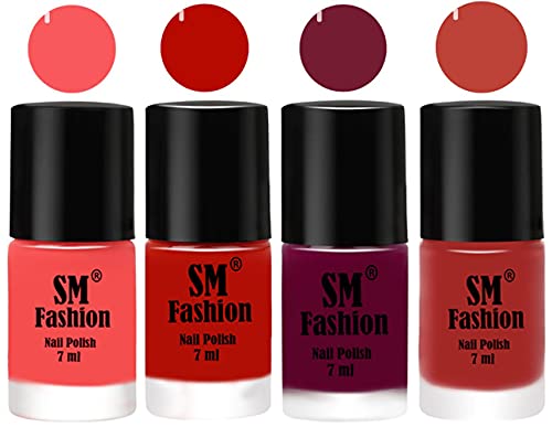 Image of Nail Polish Combo Set (Pack of 4) Quick Dry Gel Finish Nail Paint | Light Pink,Red Orange,Mulberry,Dark Nude | 7 ml Each