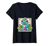 Photo Gallery donna boba camaleonte con bubble tea kawaii anime dolce e colorato maglietta con collo a v Photo Gallery donna boba camaleonte con bubble tea kawaii anime dolce e colorato maglietta con collo a v