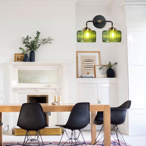 Image of Bathroom Light fixtures Mid Century Wall Sconce 2-Lights with Green Striped Shade Glass Wall Mount Light Modern Vanity Lights for Over Mirror Bedroom Hallway Overhead