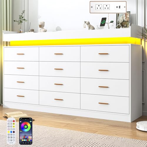 Image of jiteentarou 12 Drawer Dresser with Charging Station and LED Lights, Modern Chest of Drawers with Power Outlet, Organizer Cabinet for Bedroom, Living Room, Entryway, White