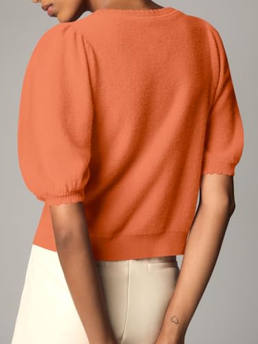 Image of Saodimallsu Womens Puff Short Sleeve Cardigan Lightweight Summer Button Down Shirts Knit Crew Neck Sweater Tops