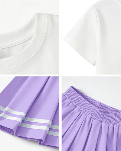 Image of Betusline Girls Skirt Set JK School Uniform 2-Piece Outfit - Short Sleeve & Webbing Solid Skirt,4-14Y