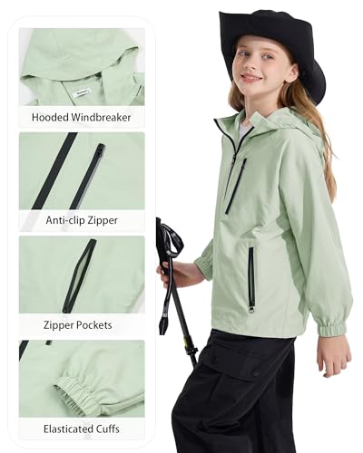Image of Rolanko Girls Rain Jacket Lightweight Waterproof Hooded Kids Raincoat 6-16 | Kids Windbreaker, Water-Repellent, Sealed Zip Pockets, Reflective Strips, Extended Hood, Outdoor, School Daily, Travel