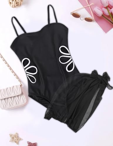 Image of Arssm Girls One Piece Swimsuits Teen Girl Swimsuit Cut Out Bathing Suit with Cover Up Skirt Swimwear 7-16Y