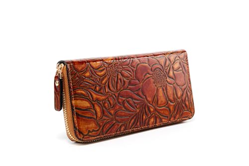 MUDUO Vintage embossed women's zipper purse Stylish and elegant leather carved clutch bag for holding cards and mobile phone. (Brown)