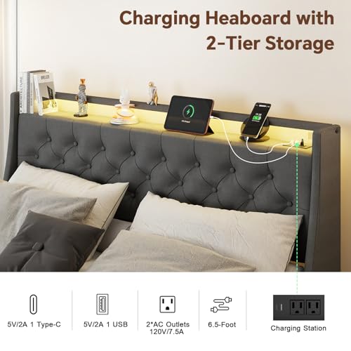 Image of Queen Size Bed Frame with 4 Storage Drawers and LED Lights, Queen Bed Frame with Upholstered Headboard and Charging Station, Steel Slat Support, No Box Spring Needed, Noise-Free, Easy Assembly, Gray