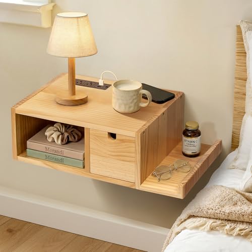 Afuly Floating Nightstand with Charging Station, Wall Mount Night Stand with Drawer Hanging Bedside...