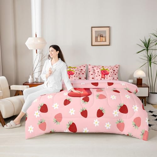 Image of Feelyou Girls Strawberry Comforter Set Full Size 7 Pieces Pink Strawberry Bedding Set for Kids Boys Girls Initial Letter P Bed in a Bag with Comforter, Sheets, Pillowcases, Cushion Covers