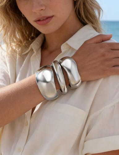 Image of Chunky Gold Bangle Bracelets for Women, Dainty 14k Gold Plated Big Stackable Bangles Set, Trendy Statement Cuff Bracelet Stack Fashion Jewelry Gifts