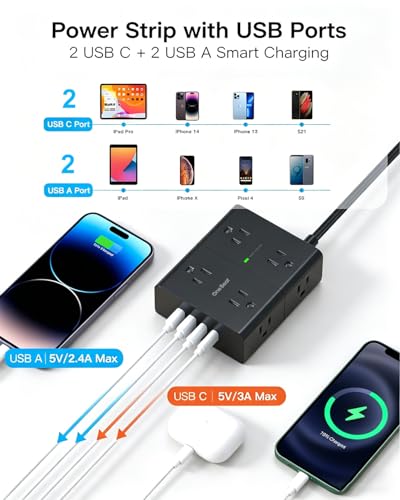 Image of One Beat Surge Protector Power Strip, 6 Ft Ultra Thin Flat Extension Cord with 8 Outlets 4 USB Ports(2 USB C), Flat Plug Power Strip, White Power Strip for Home, Office, Dorm Room Essentials, Black