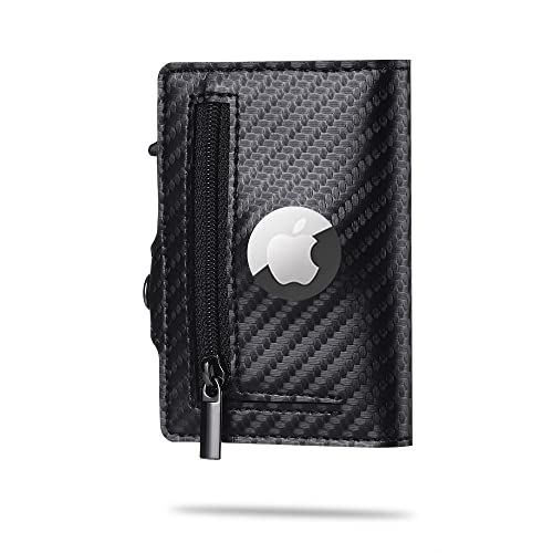Image of TNE Airtag Wallet Genuine Leather Credit Card Money Holder for Men | RFID Blocking | Automatic Popup Mini Aluminum Bifold Slim Zipper Coin Pocket Airtag Case Mens Wallets Air Tag Cover, Carbon Fiber,