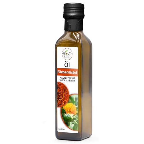 Health Seed® Ungefiltert Distelöl - 100% Rein Kaltgepresst Glasflasche - Frisch vom Hersteller - 500 ml