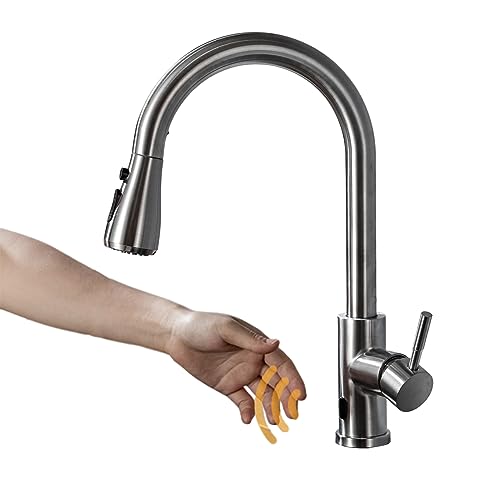 Touchless Kitchen Faucet with Pull Down Sprayer Brushed Nickel Kitchen Faucet Infrared Sensor Kitchen Faucet Touchless Kitchen Sink Faucets Stainless Steel Single Handle Motion Sensor Kitchen Faucet