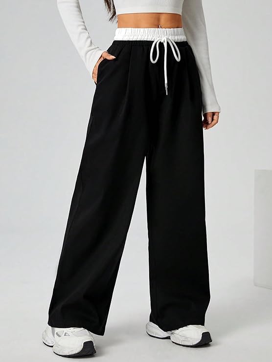 Image of You Forever Women's Wide Leg Casual Pants, High Waist Cotton Blend, Drawstring, Light Colour, Relaxed Fit