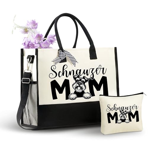 INNObeta Schnauzer Gifts for Women Canvas Tote Bag with Top Zipper Closure and Shoulder Strap for Birthday Mothers Day Christmas - Schnauzer Mom