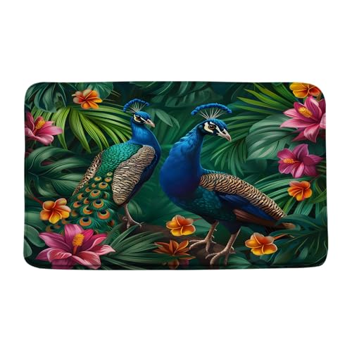 Alfombra Interior De Bienvenida Hojas De Palma De Pavo Real Tropical, Flores, Hojas, Animales, Naturaleza, Verde, 40X60Cm Absorbente Acolchado...