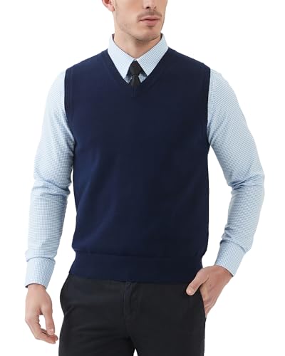 Kallspin Men's Pure Cotton Sweater Vest V Neck Regular Fit Knit Sleeveless Pullover Sweater