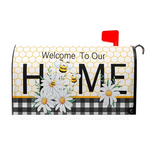 Image of Welcome to Our Home Summer Mailbox Covers Magnetic Standard Size 21 inch x 18 inch Summer Daisy Floral Magnetic Mailbox Covers Bumble Bee Decorative Mailbox Cover Post Letter Box Wrap Outdoor Decoration