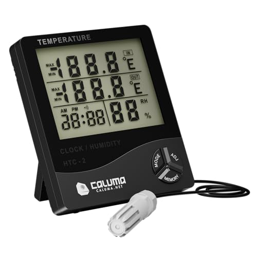 Caluma Thermo-Hygrometer mit externer Sonde & 2 m Kabel – LCD-Display mit Uhr, Wecker & Kalender, Messung Temp. & Luftfeuchte (−50 °C–70 °C /...