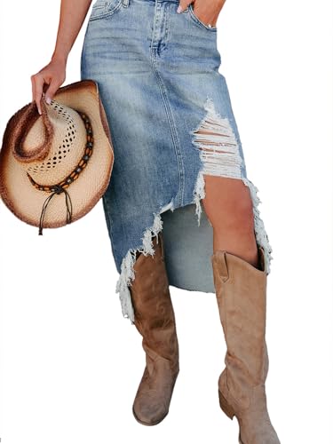 Jean Skirts for Women Asymmetrical Hem Frayed Distressed Denim Skirt Western Cowboy Button High Waist Midi Skirts