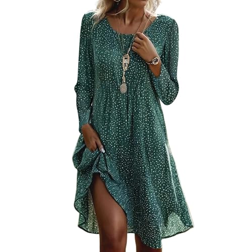 Damen Langarm Strandkleid V-Ausschnitt Herbst Winter Freizeitkleider Blusenkleid Elegant Boho Blumen Midikleid Tunika Faltenkleid Locker Swing Kleider...